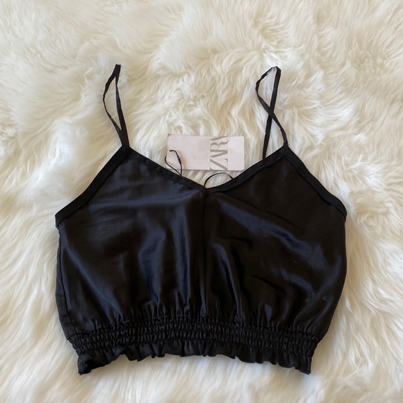 ZARA SILK V NECK BLACK CROP TOP - Picture 1 of 2
